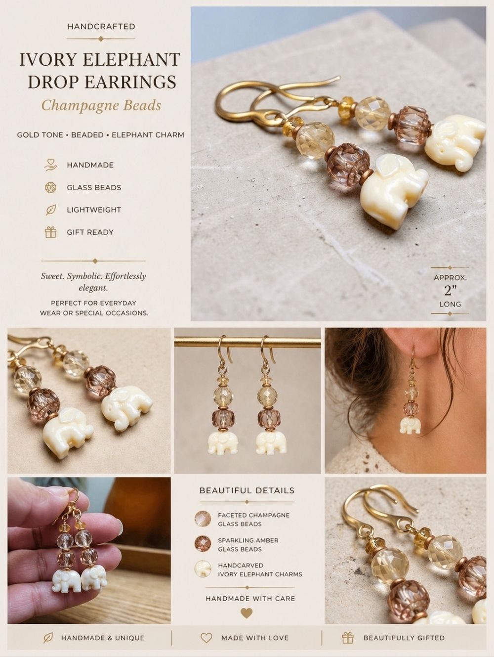 Handcrafted Ivory Elephant Drop Earrings with Champagne Beads Gold Tone Earhooks